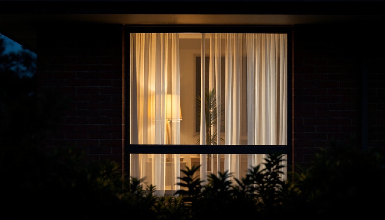 View from the garden at night of a lit window with white sheer curtains showing the outline of a lamp and indoor plant