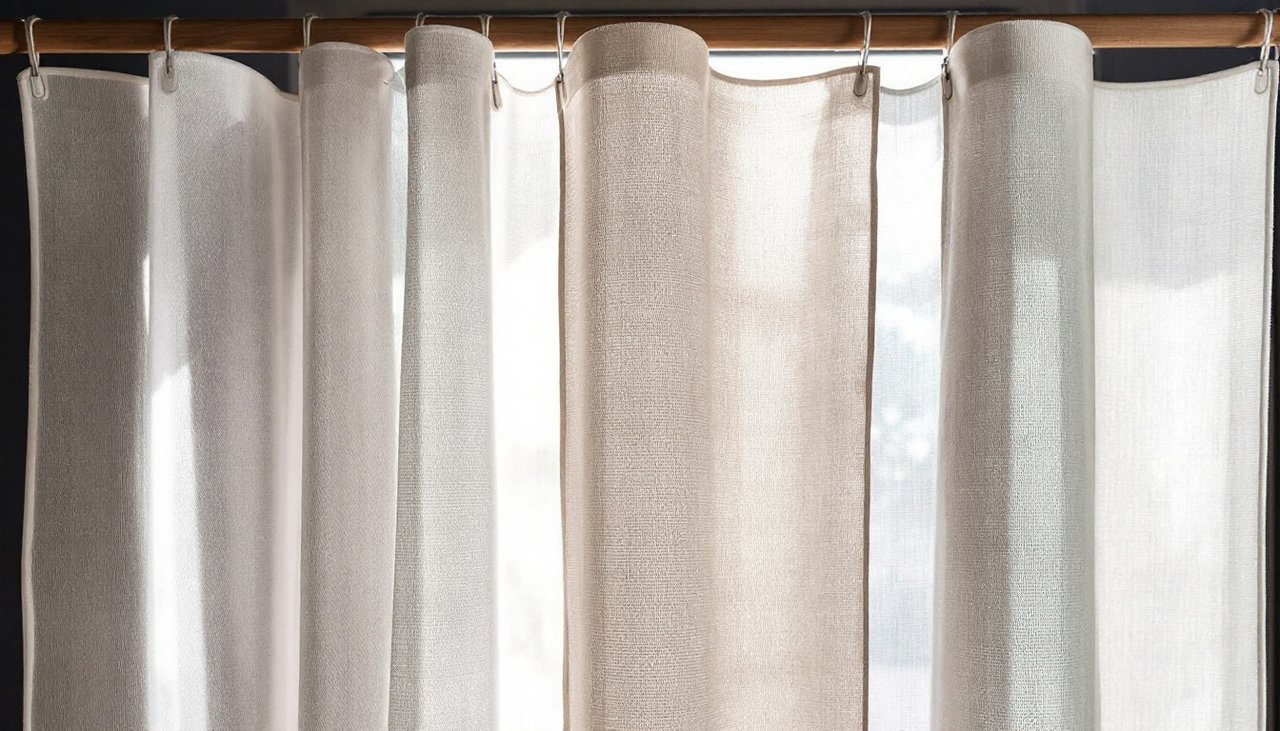 Three sheer curtain fabric samples in voile, linen-look and textured weave hanging in front of a lamp to compare how much light passes through