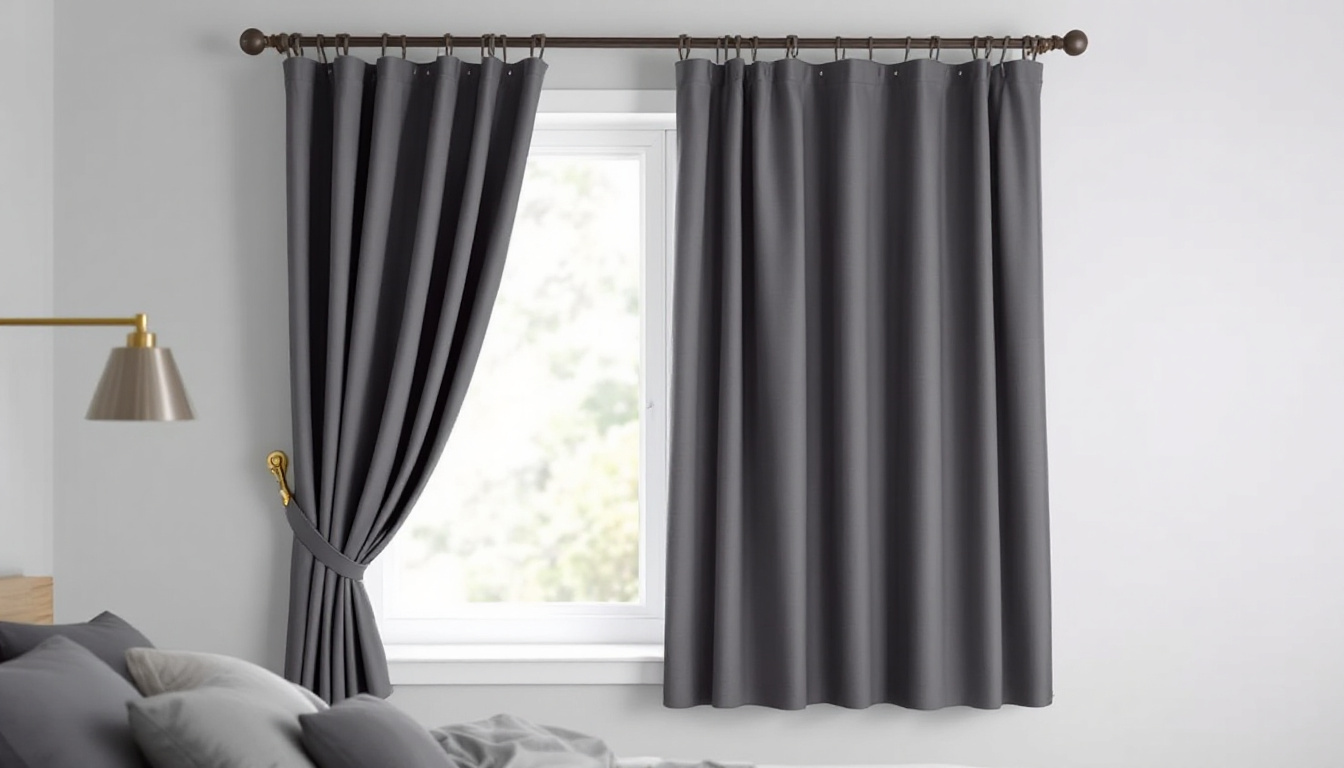 Bedroom window on a double track with a white sheer curtain and a charcoal blockout curtain half drawn behind it