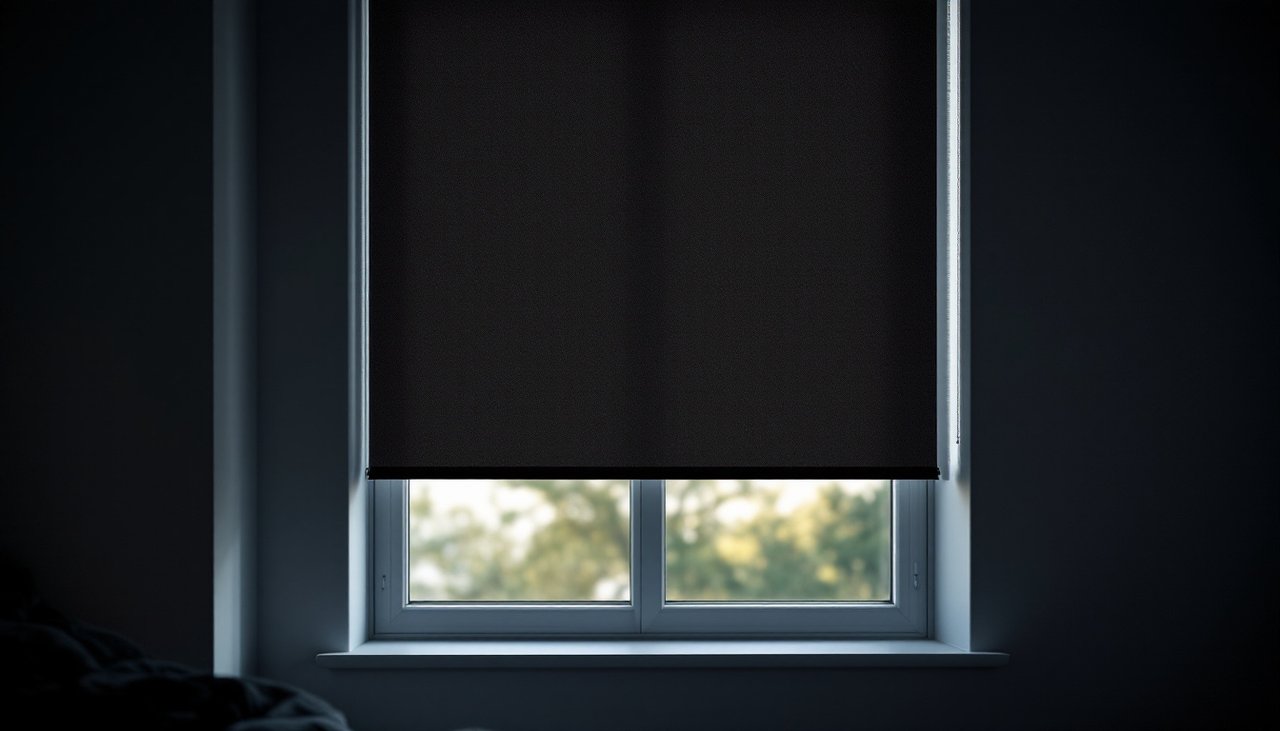 Recess-fitted blockout roller blind in a dark bedroom with thin lines of daylight along both side edges