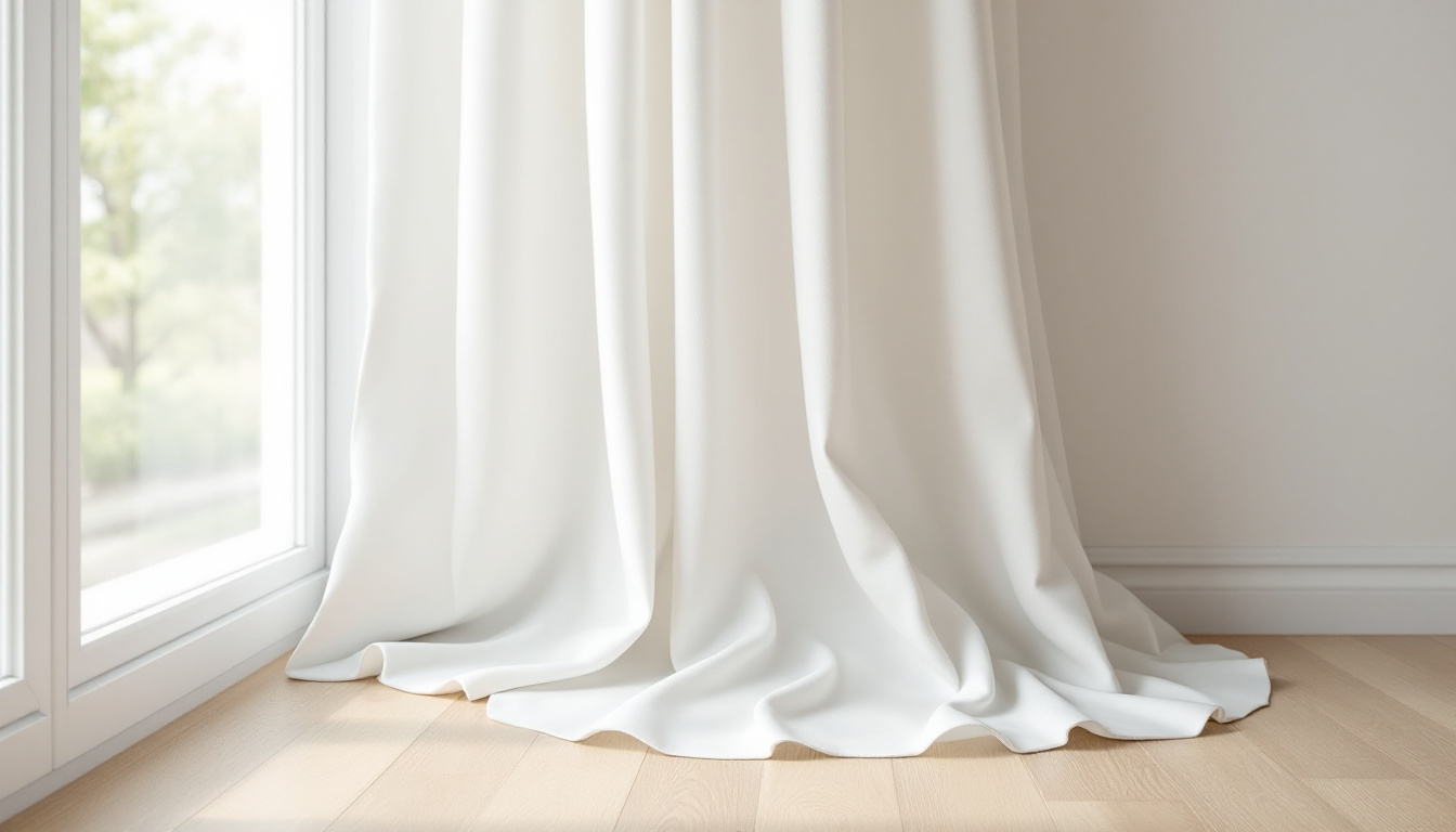 White floor-length blockout curtain on a ceiling track with the fabric returning to the wall at the track end