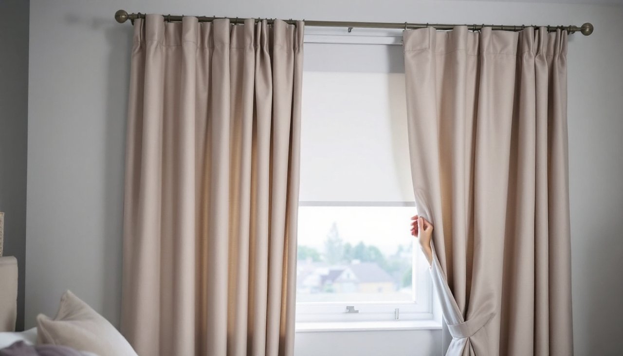 Blockout curtain half drawn in front of a lowered blockout roller blind in a bedroom window