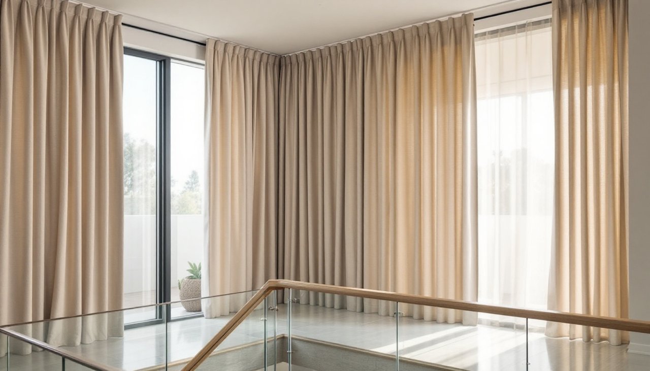 Tall double height void window with floor length motorised curtains on a high ceiling track