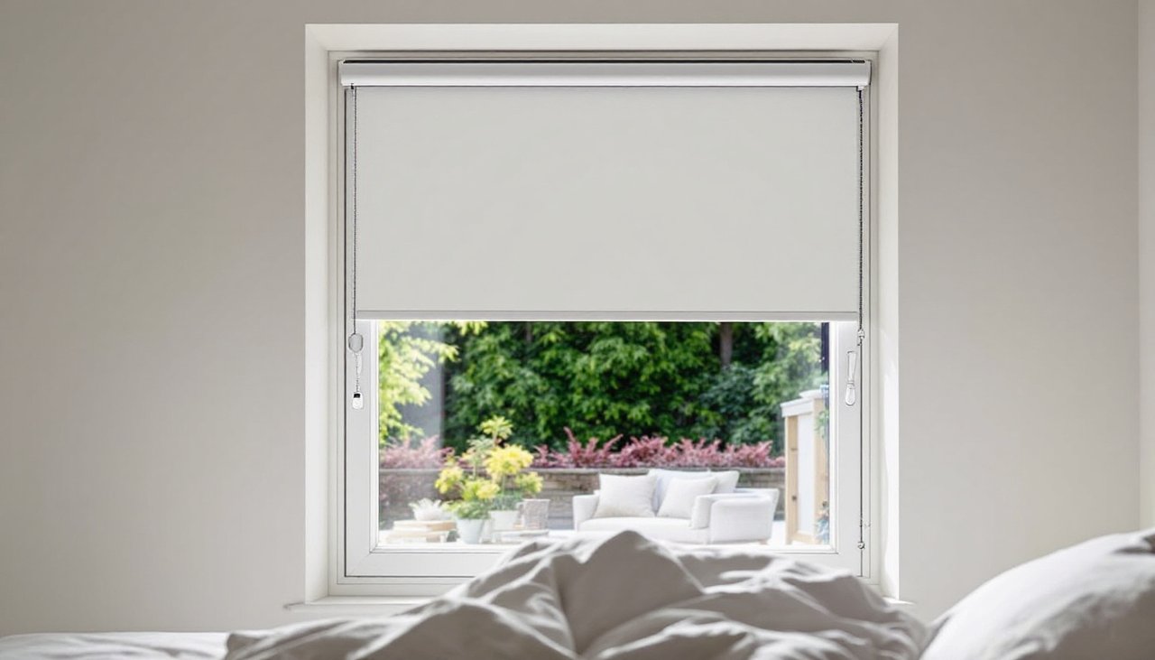 Motorised blinds inside a sunny bedroom window frame with a small solar charging panel against the glass