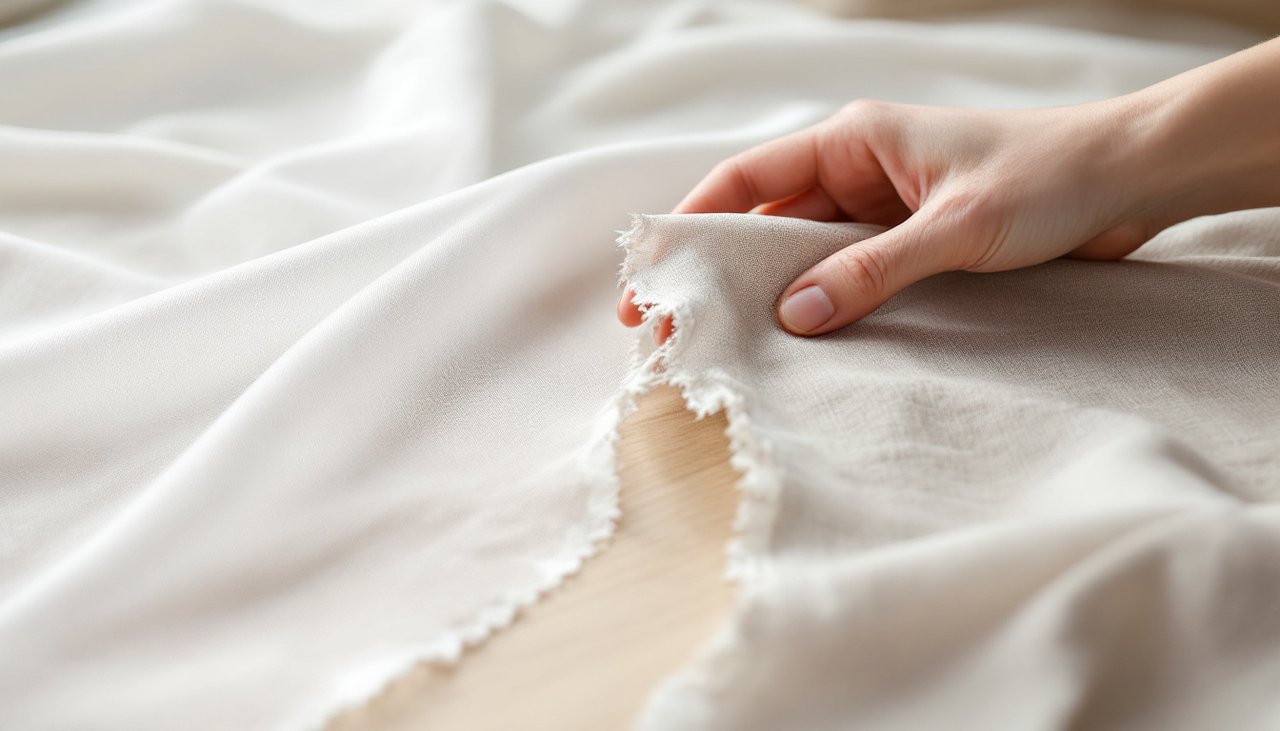 Hand comparing a white voile swatch with a textured linen sheer swatch on a showroom table