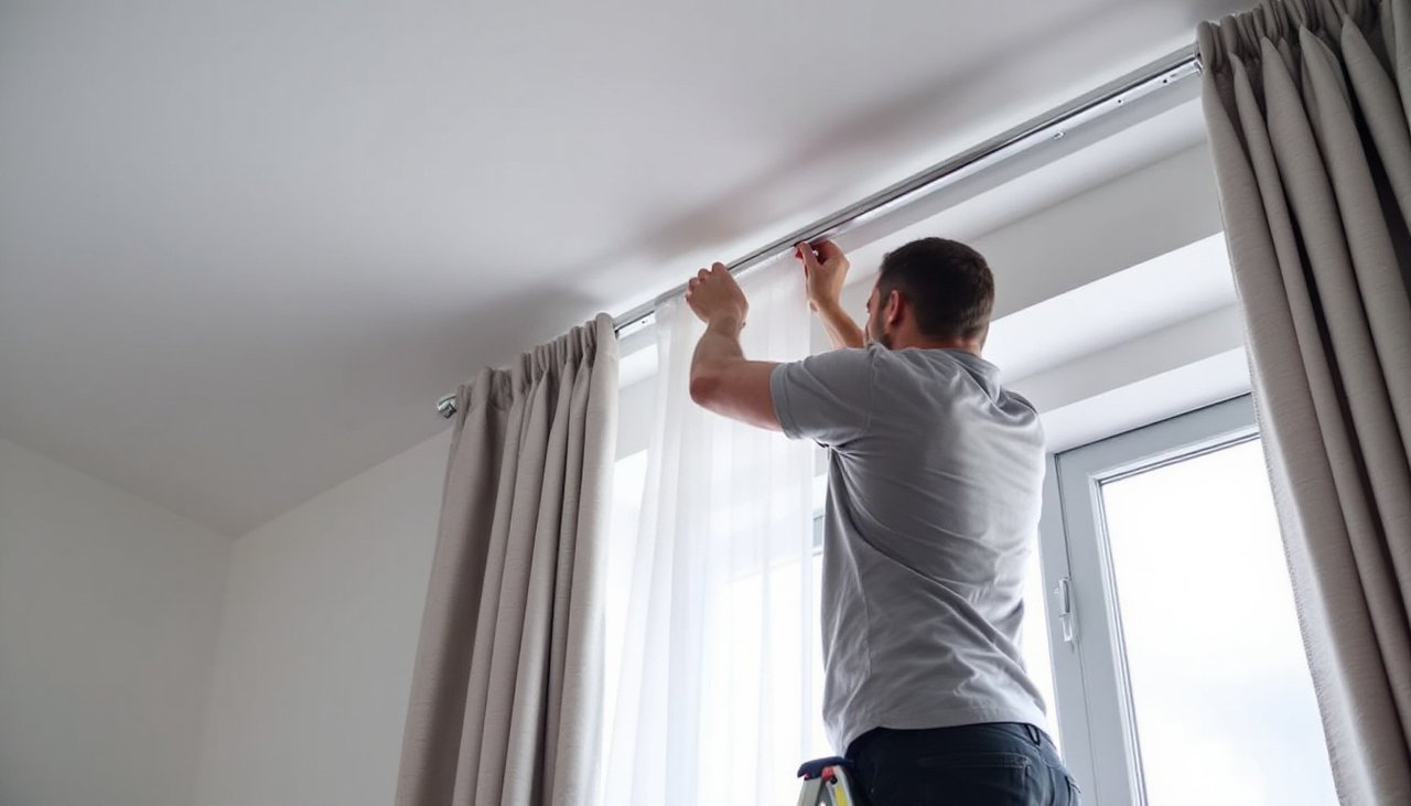 Installer clipping S fold sheer curtain carriers onto a ceiling mounted aluminium track