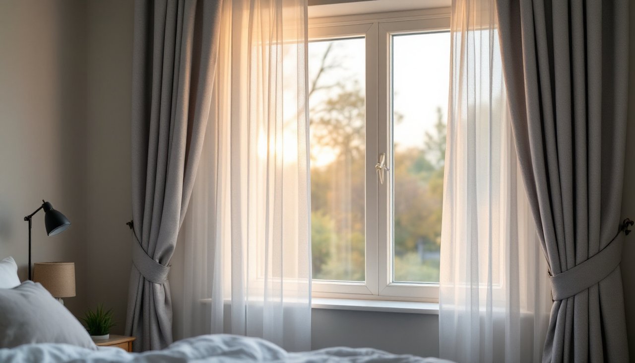 Linen look sheer curtains layered in front of grey blockout curtains on a double track in a sunny bedroom