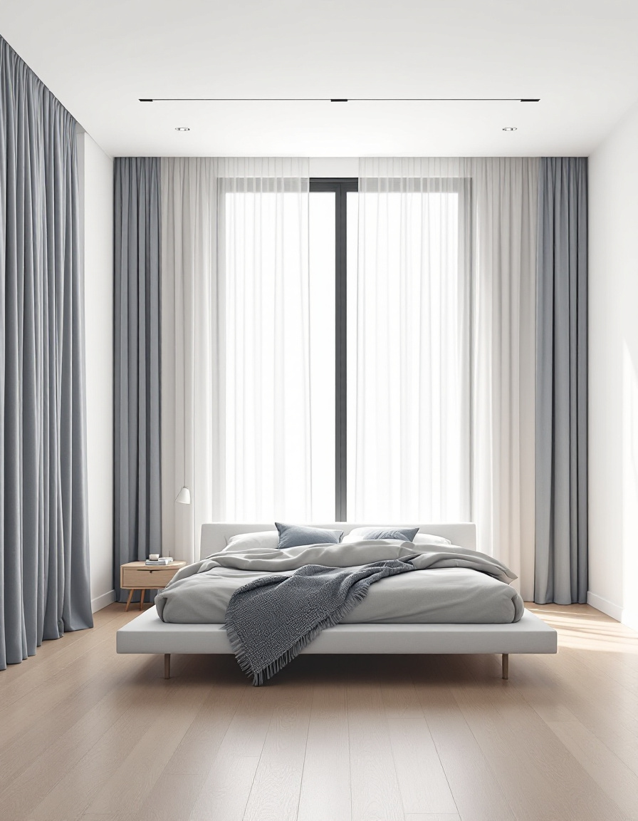 Bedroom with blockout curtains drawn open and sheers letting in bright daytime light