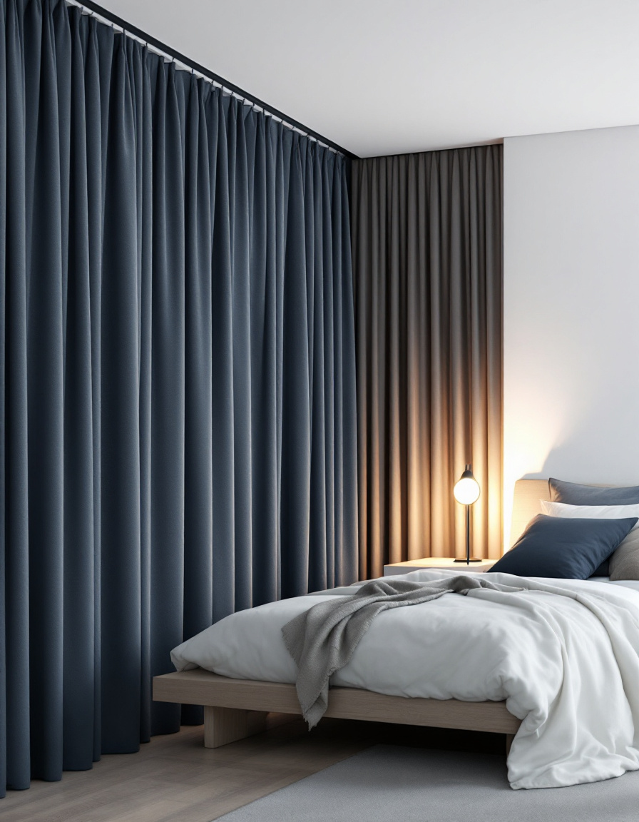 The same bedroom at night with blockout curtains drawn fully closed and only a warm bedside lamp on