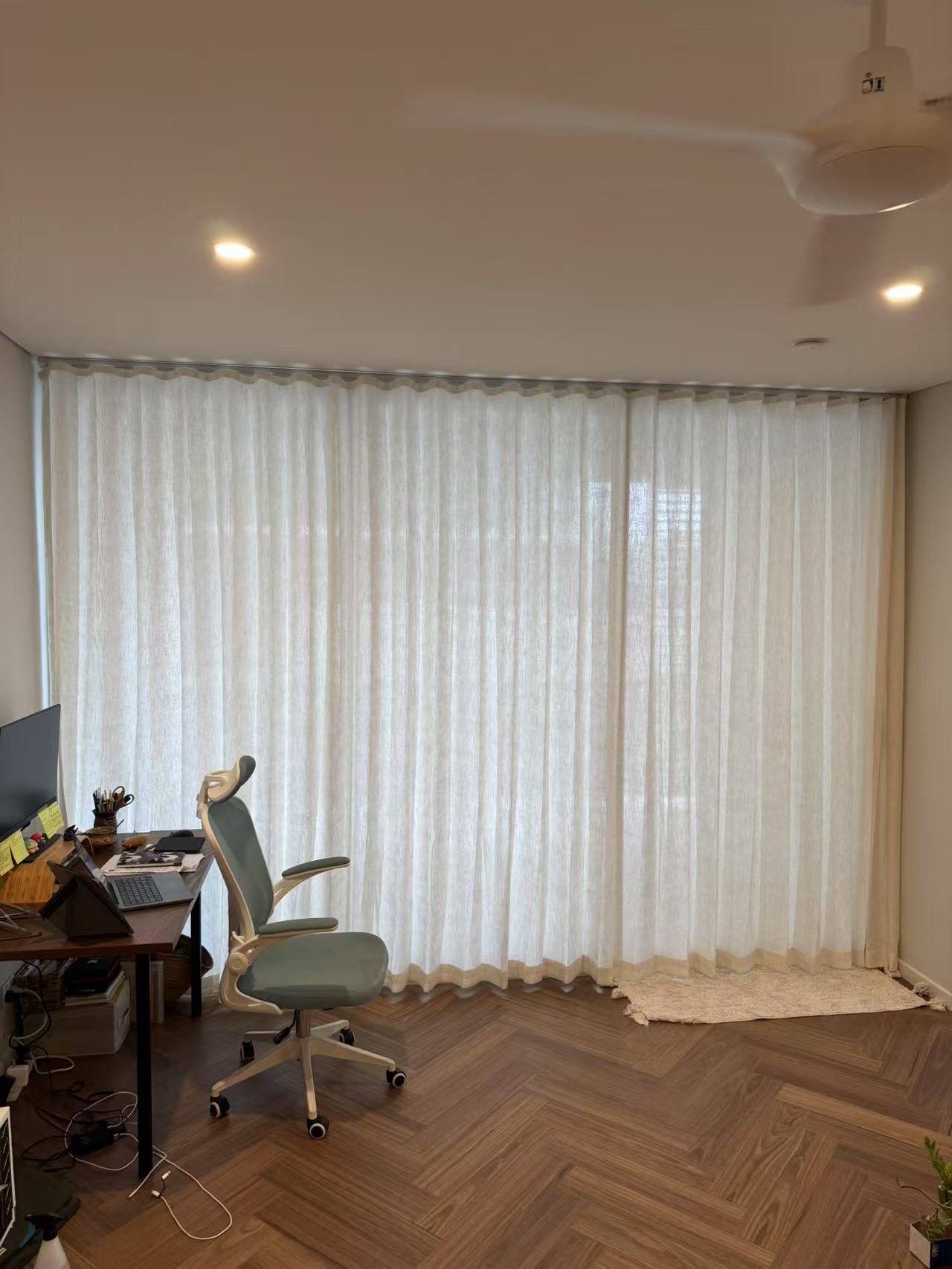 S-fold linen sheer installed for sliding door in study room