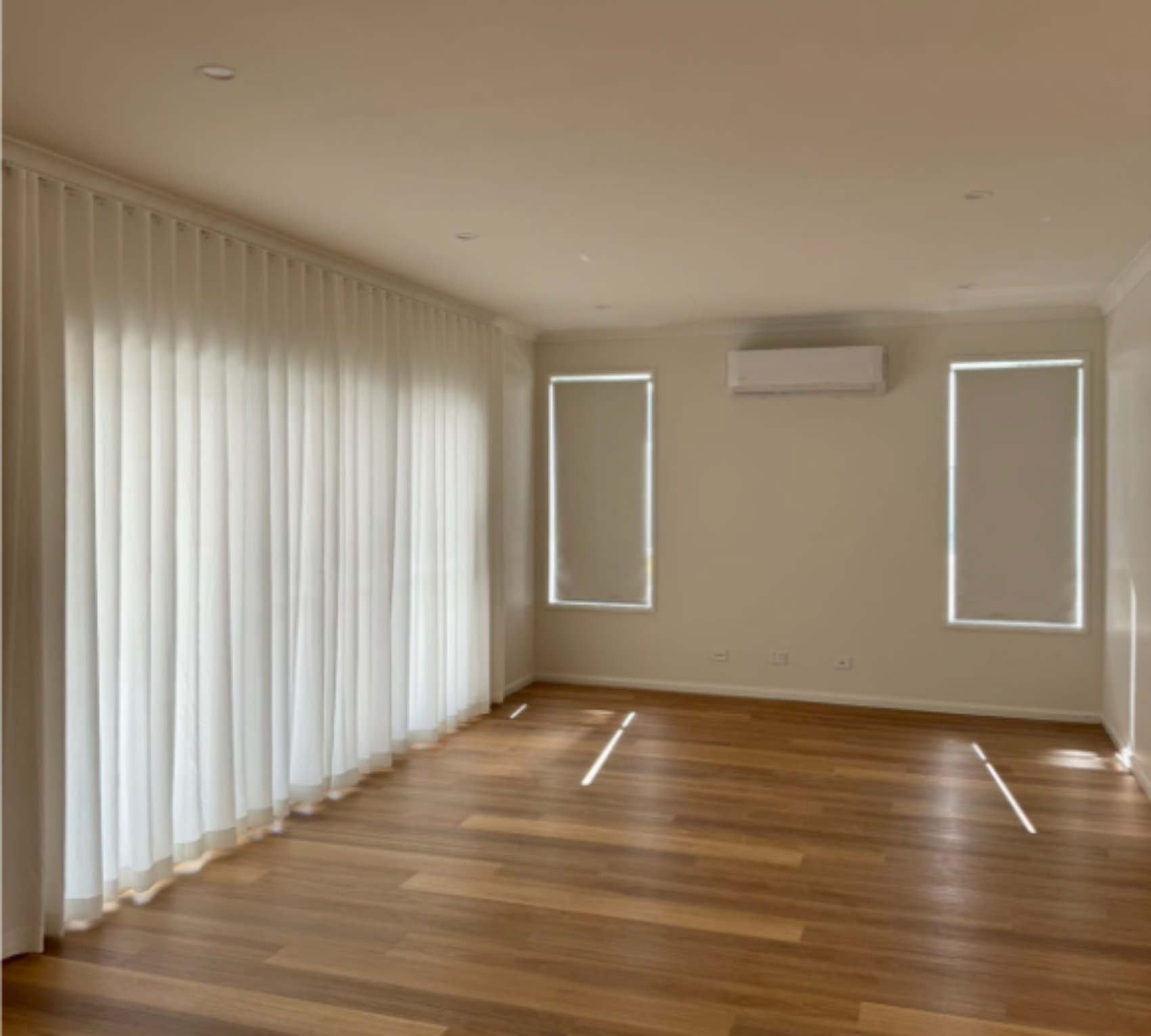 Installed two blockout roller blinds and one S-fold privacy sheer in bedroom