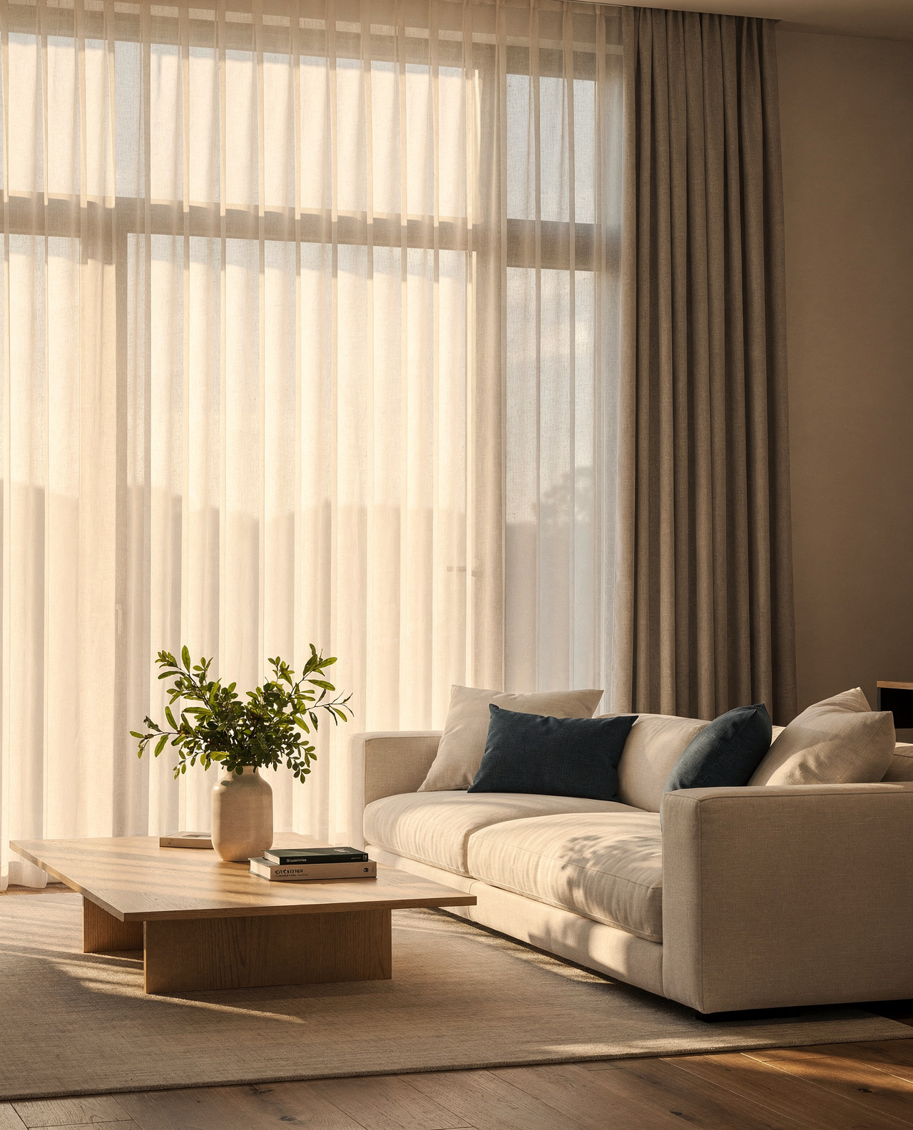 Floor to ceiling sheer S-fold curtains and layered drapes in a sunlit modern living room
