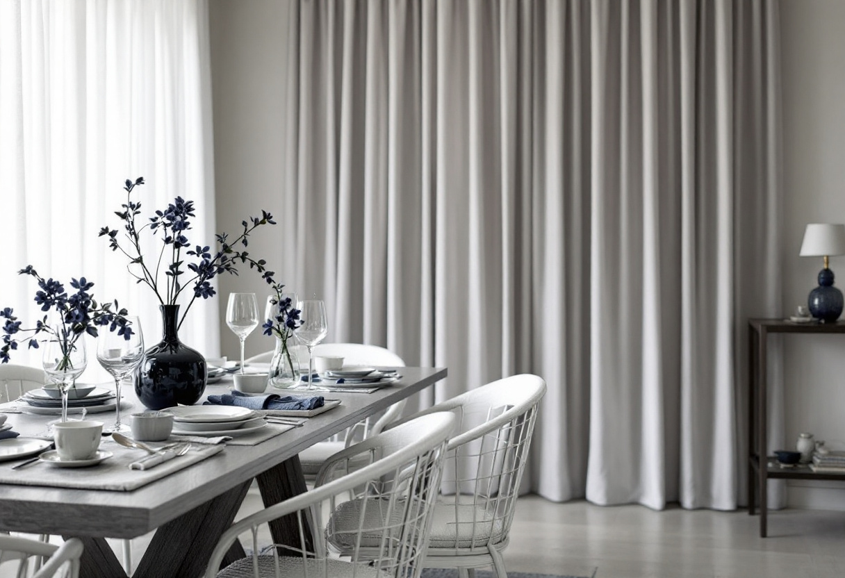 Layered sheer and blockout curtains in a styled dining room