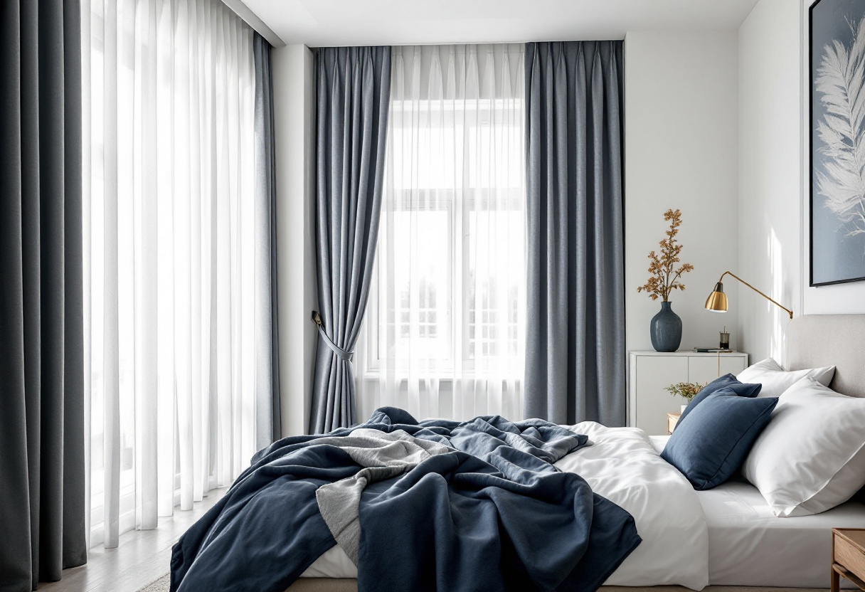 Wave-fold curtains with integrated pelmet in a contemporary bedroom