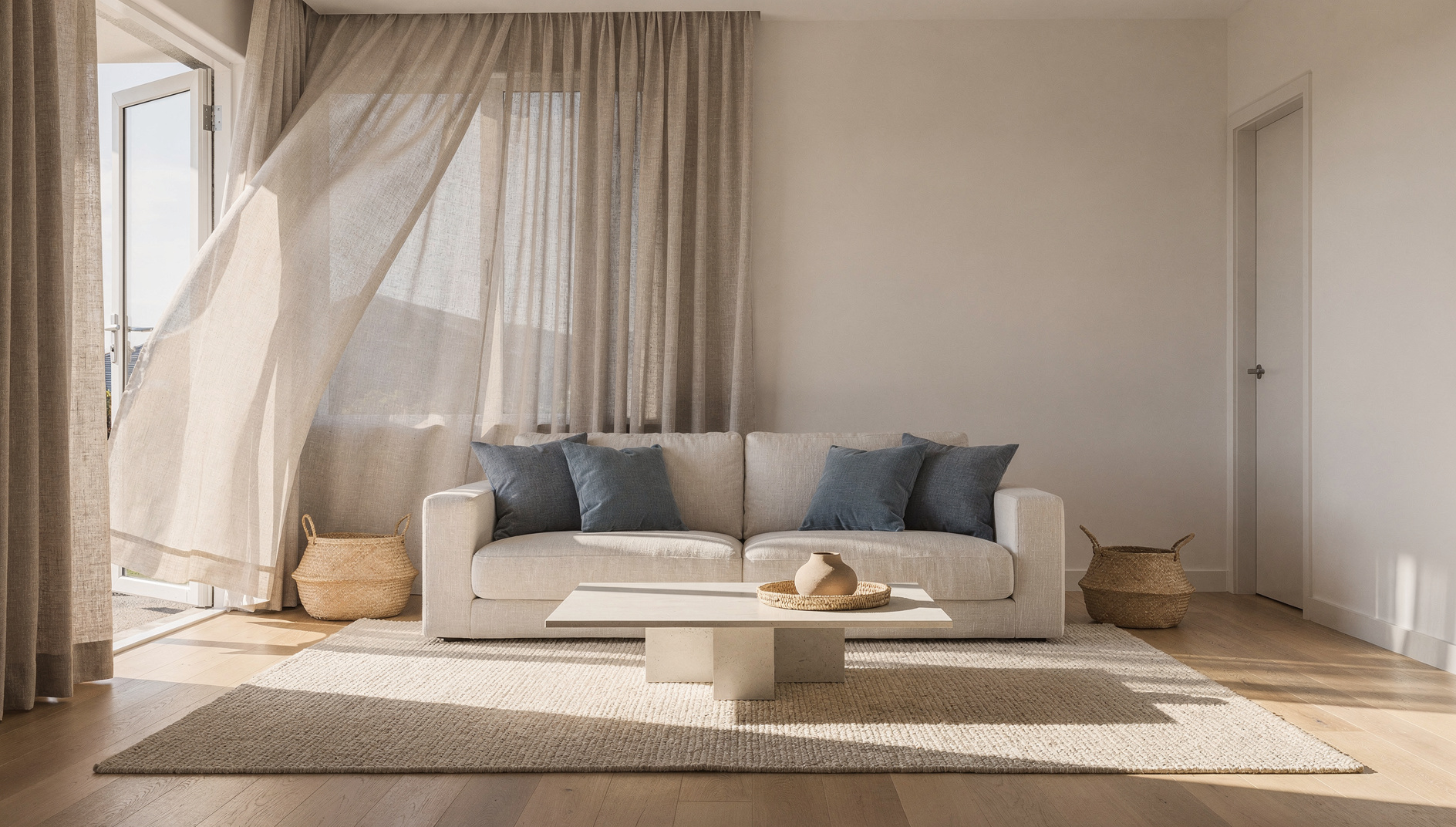Natural oatmeal linen curtains billowing softly beside an open door in a bright airy living room