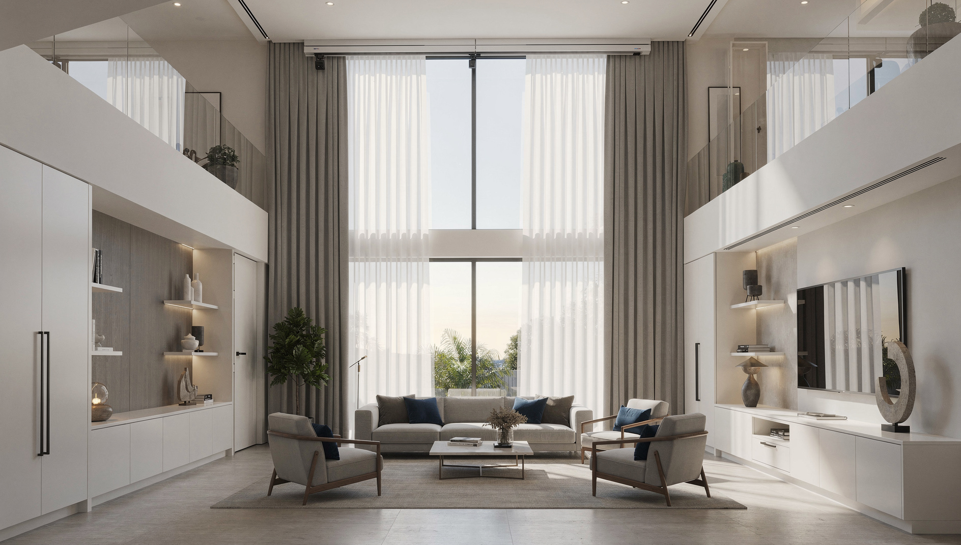 Full-length motorised curtains gliding open across a tall double-height void window in a grand living room