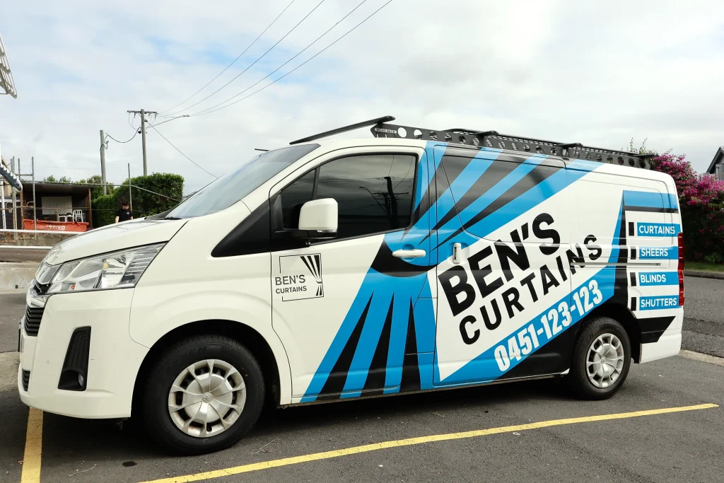 The Ben's Curtains branded van outside a Brisbane home