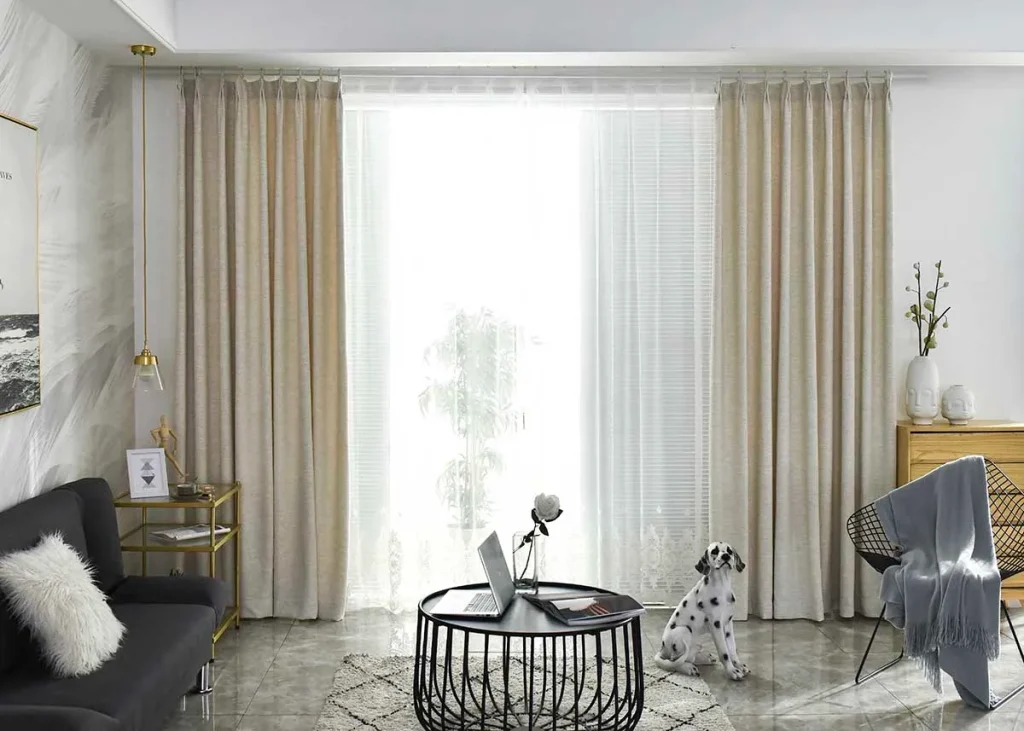 Close detail of natural linen curtain fabric with a soft organic weave