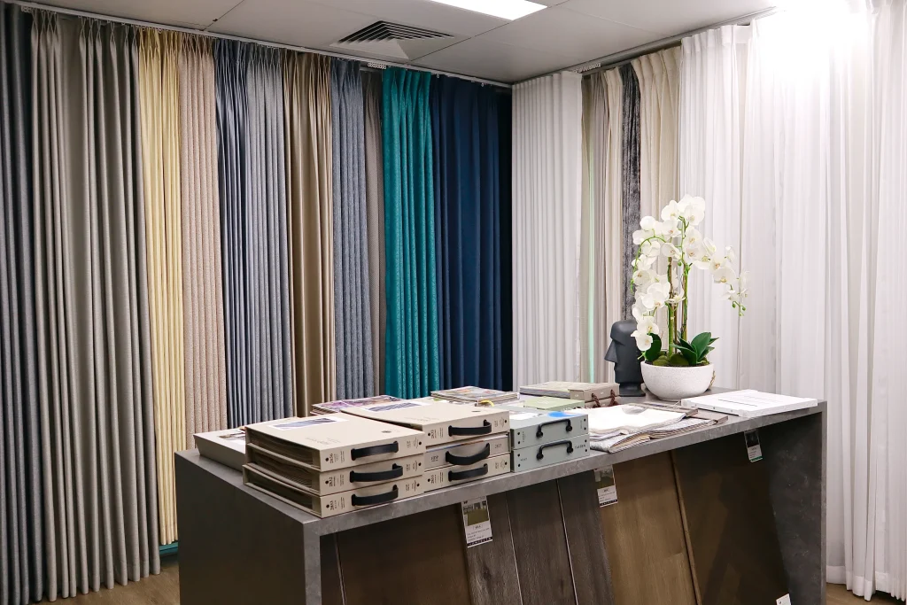 Fabric samples on display in the showroom