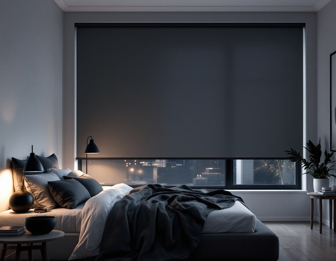Blockout roller blind fully lowered in a dark restful bedroom