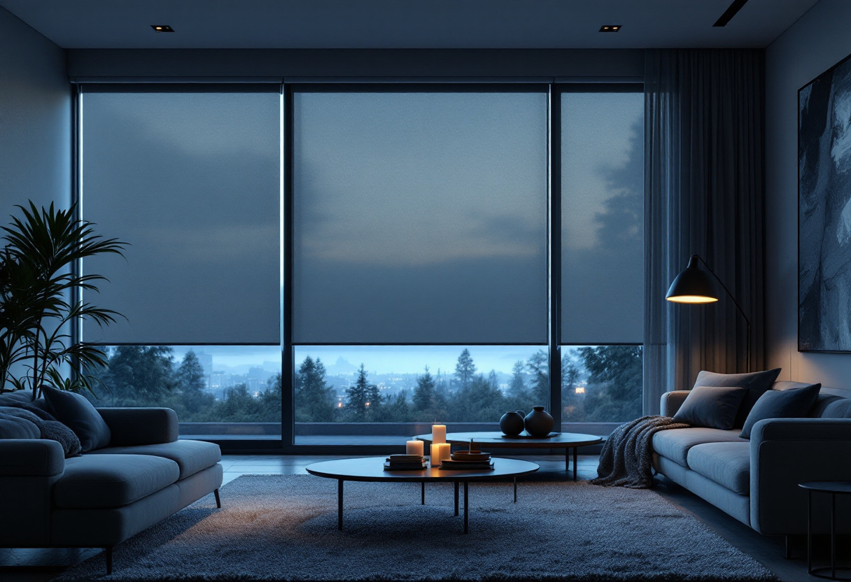 Roller blinds across a wide living room window in a contemporary Brisbane home at dusk