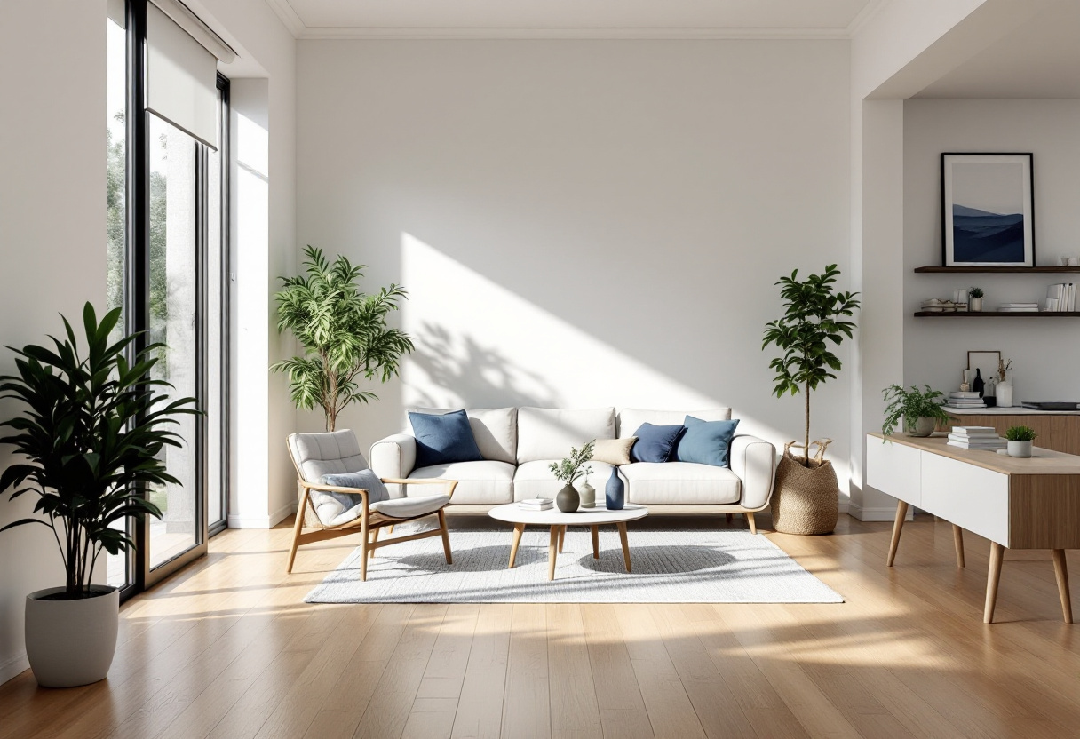 Soft daylight filtered through a partly lowered roller blind onto a timber floor
