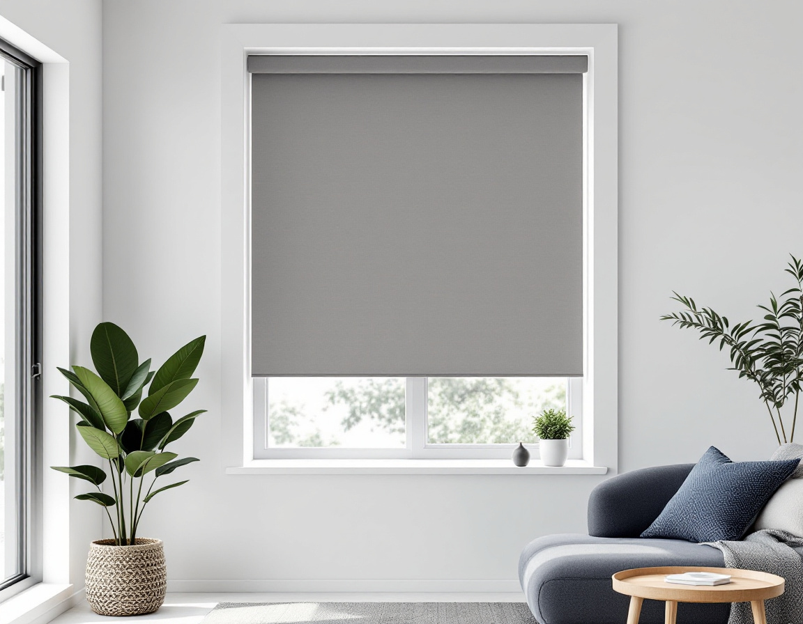 A single roller blind in soft grey fabric on a modern window