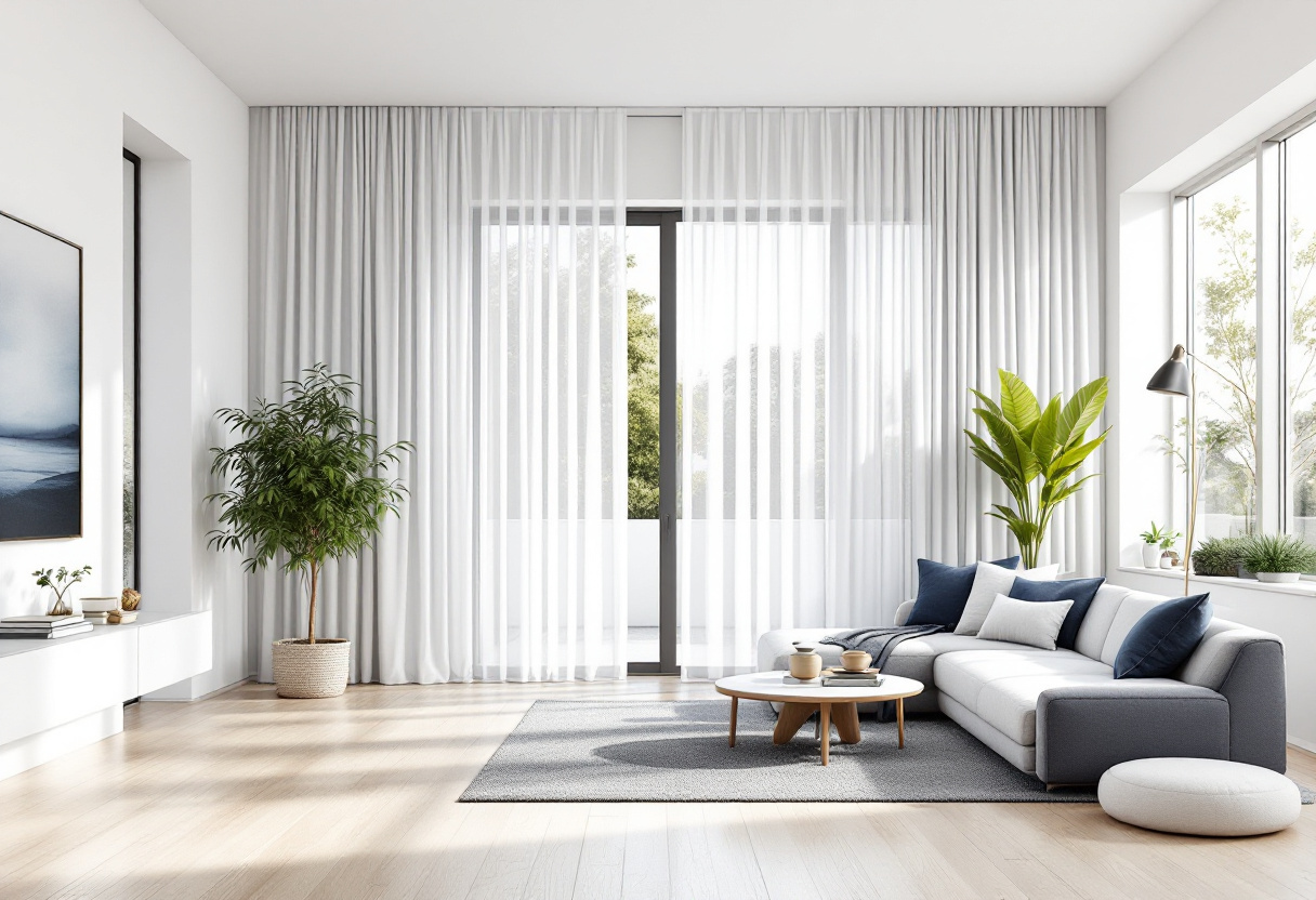 Floor-to-ceiling S-fold sheer curtains filtering soft daylight across a Brisbane living room