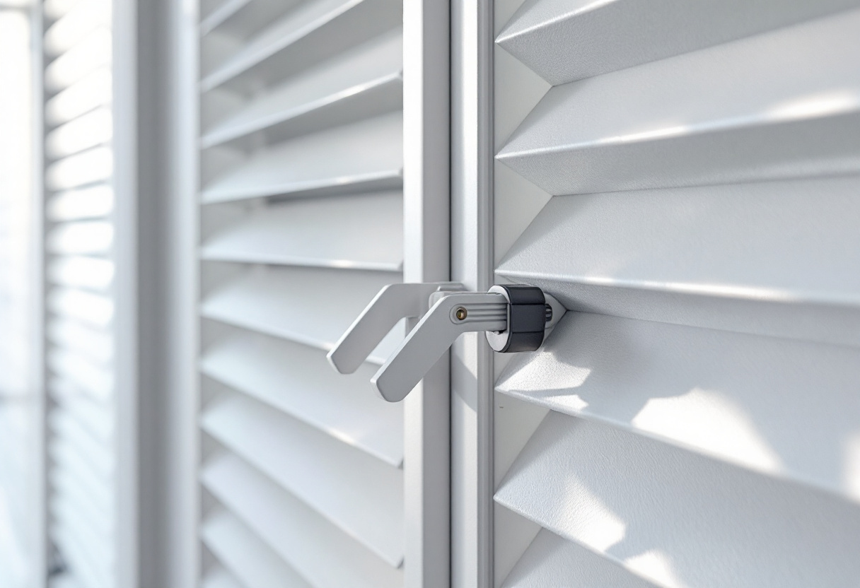 Close-up of plantation shutter louvre blades and tilt mechanism