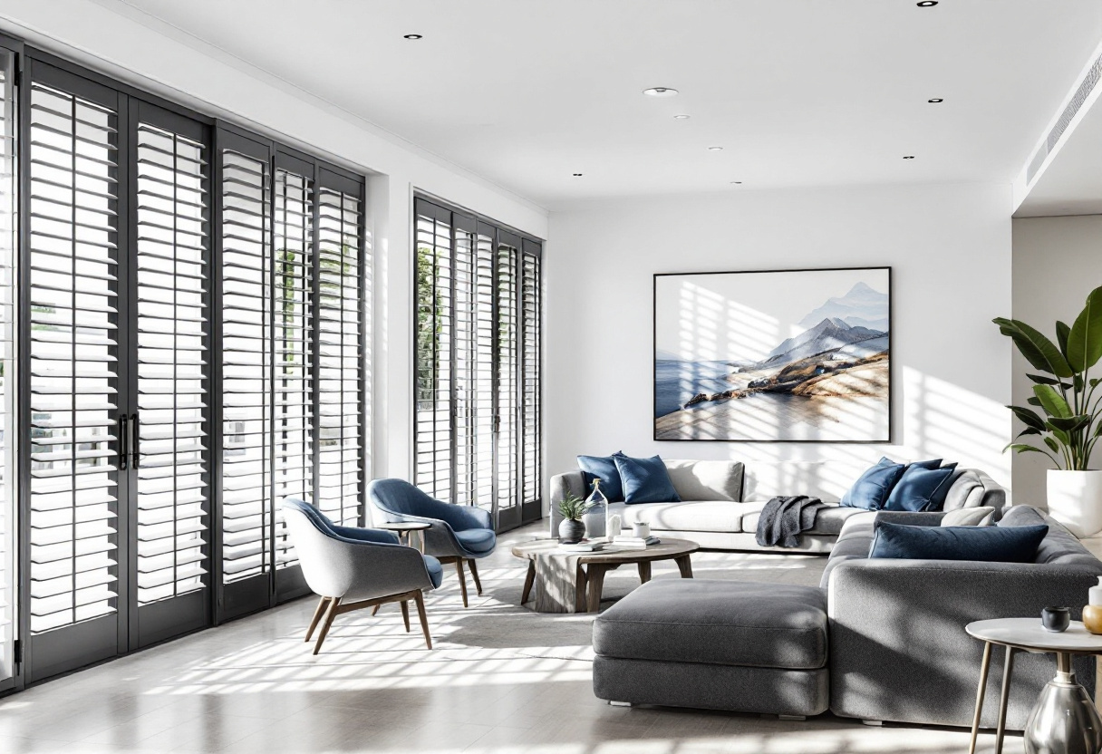 Plantation shutters across windows in an open-plan living and dining room