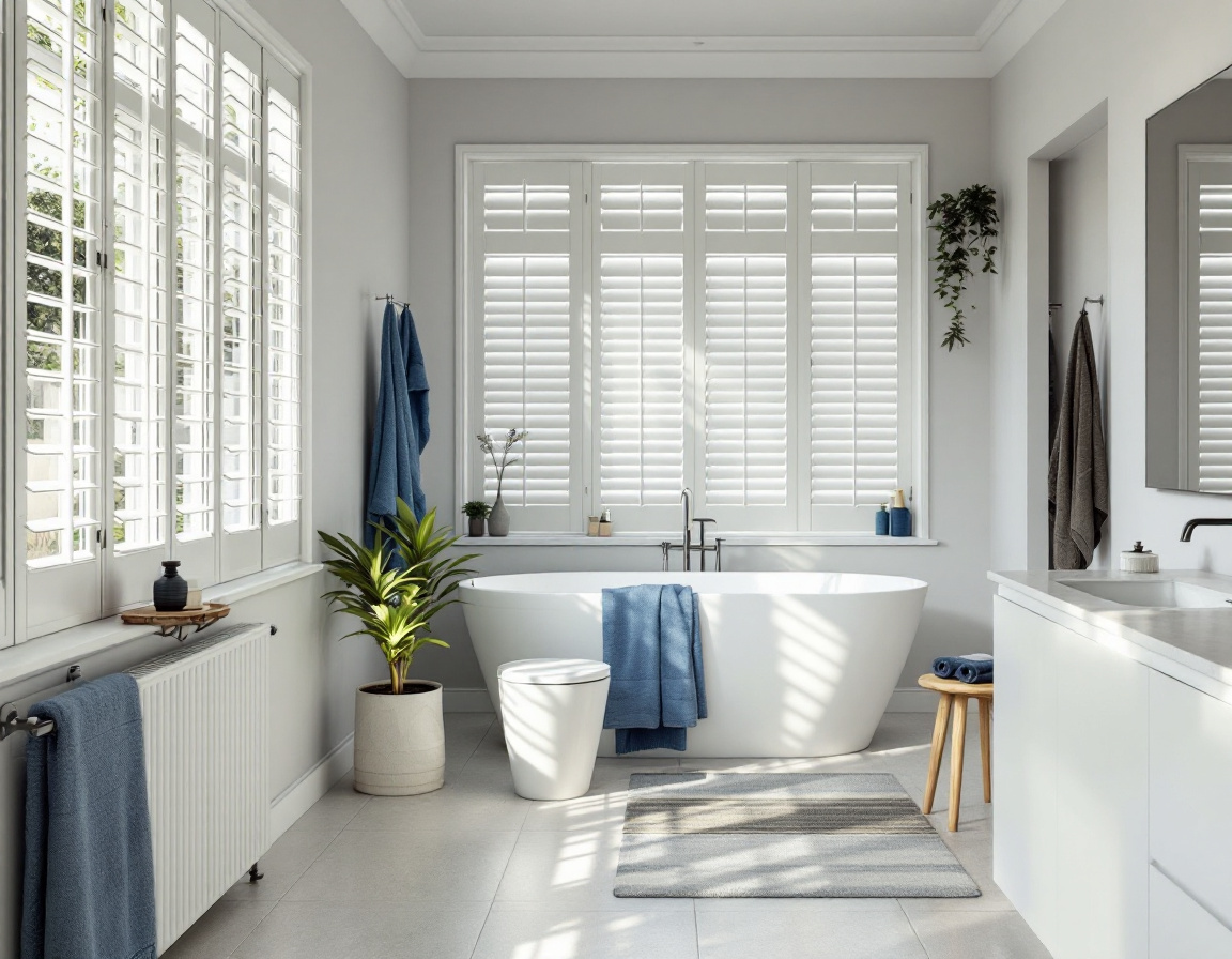 Waterproof white PVC plantation shutters in a bathroom