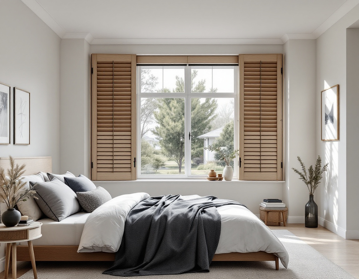 Warm white timber plantation shutters in a bedroom