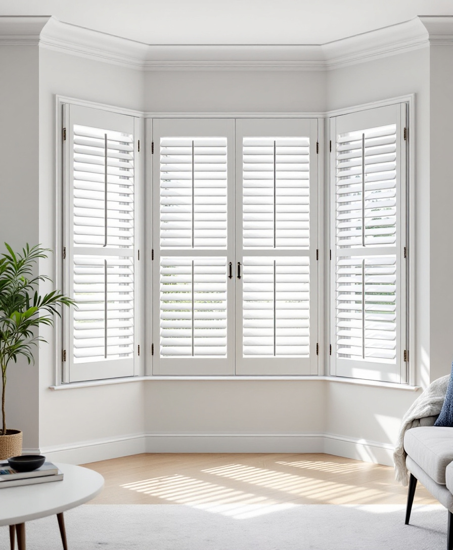 White timber plantation shutters with wide louvres on a large bay window