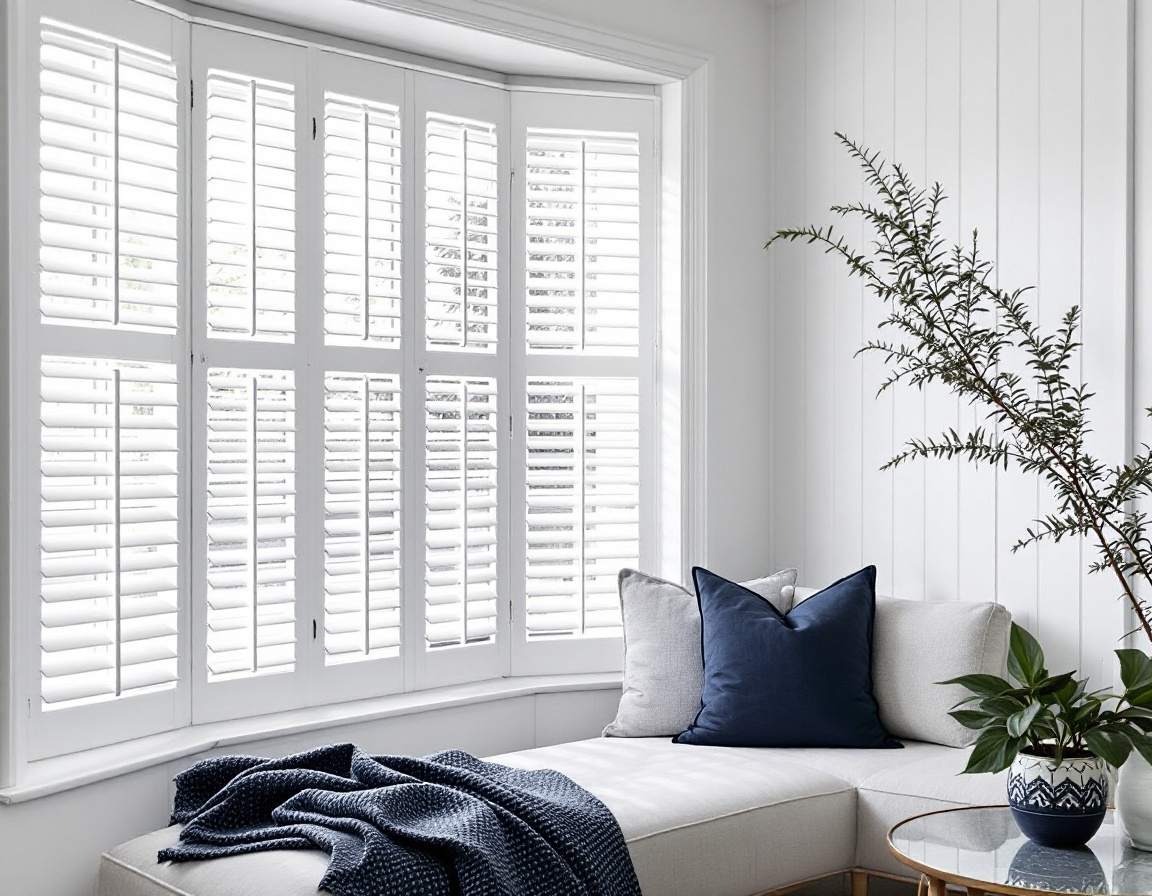 White plantation shutters on a bay window
