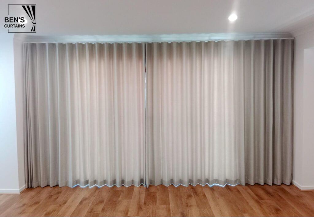 80% blockout cream s fold curtains installed on a sliding door in a living room