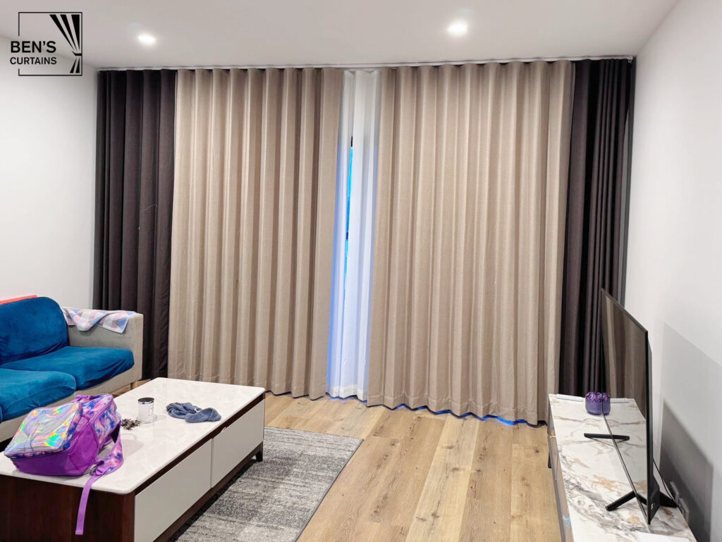 ceiling mount double tracks installed with s fold blockout curtains and s fold privacy sheer in a living room