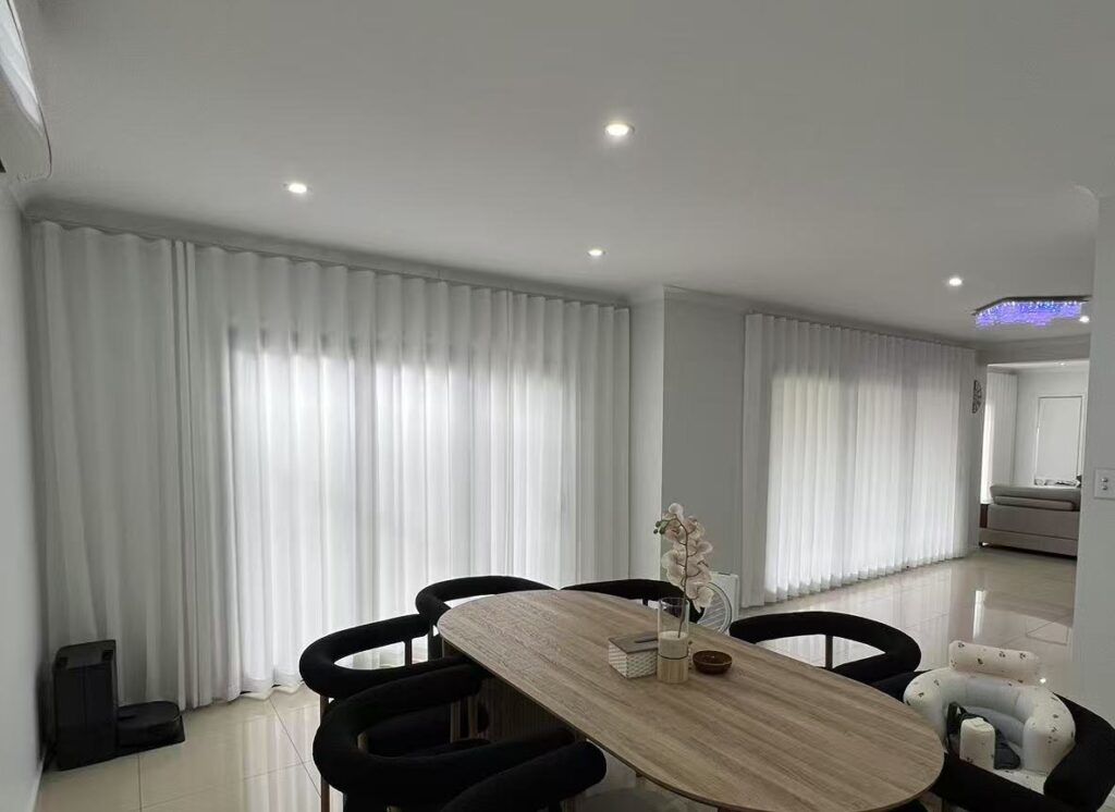 s fold privacy sheers installed full wall size for dining area's sliding door